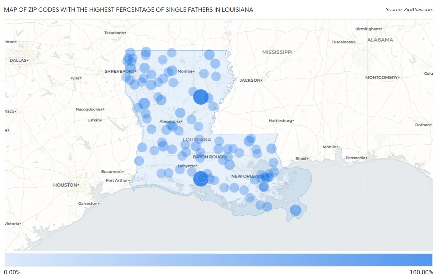 Zip Codes with the Highest Percentage of Single Fathers in Louisiana Map