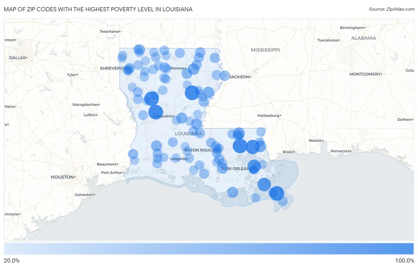 Zip Codes with the Highest Poverty Level in Louisiana Map