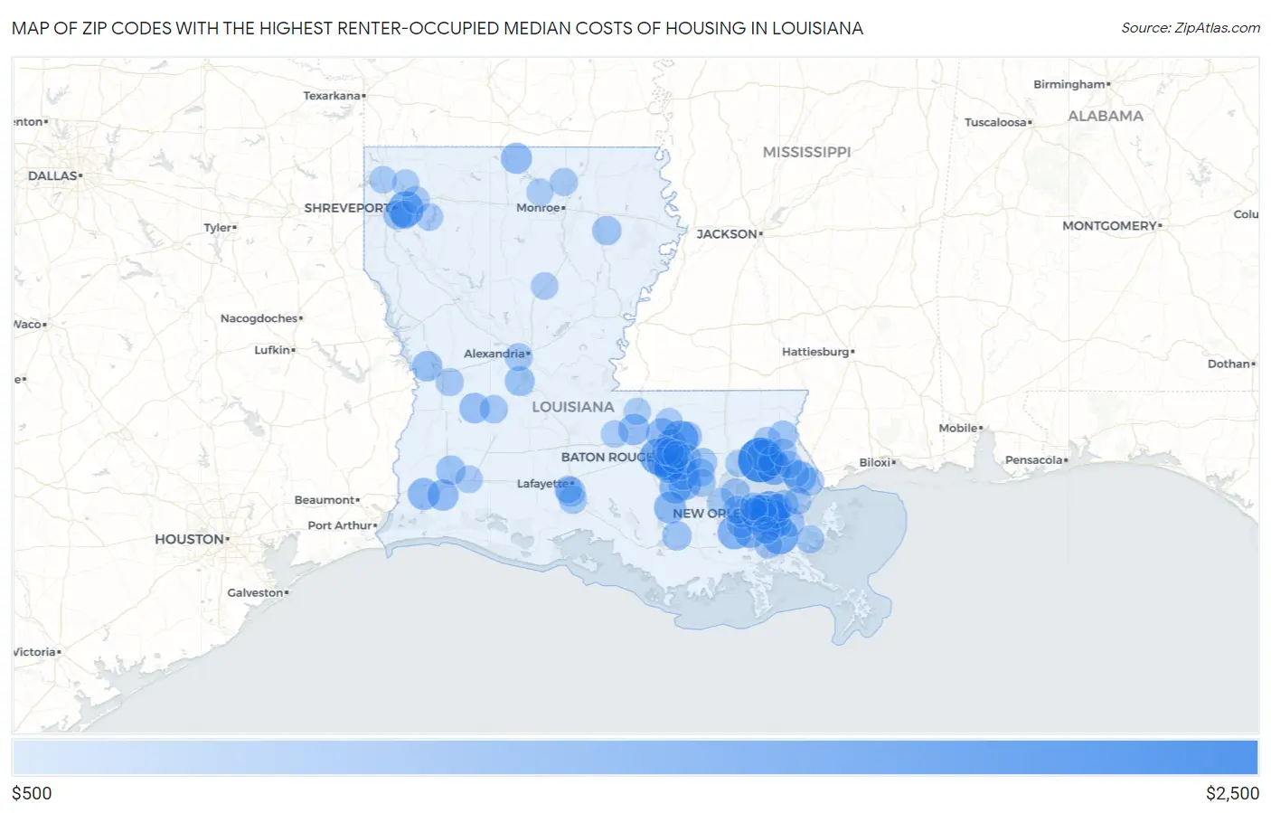 Zip Codes with the Highest Renter-Occupied Median Costs of Housing in Louisiana Map