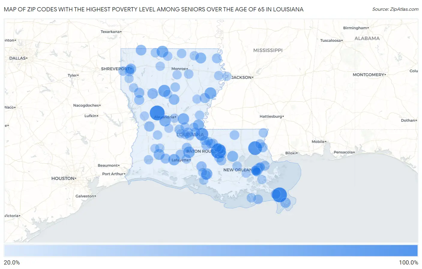 Zip Codes with the Highest Poverty Level Among Seniors Over the Age of 65 in Louisiana Map