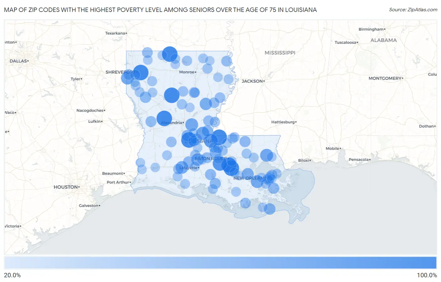 Zip Codes with the Highest Poverty Level Among Seniors Over the Age of 75 in Louisiana Map