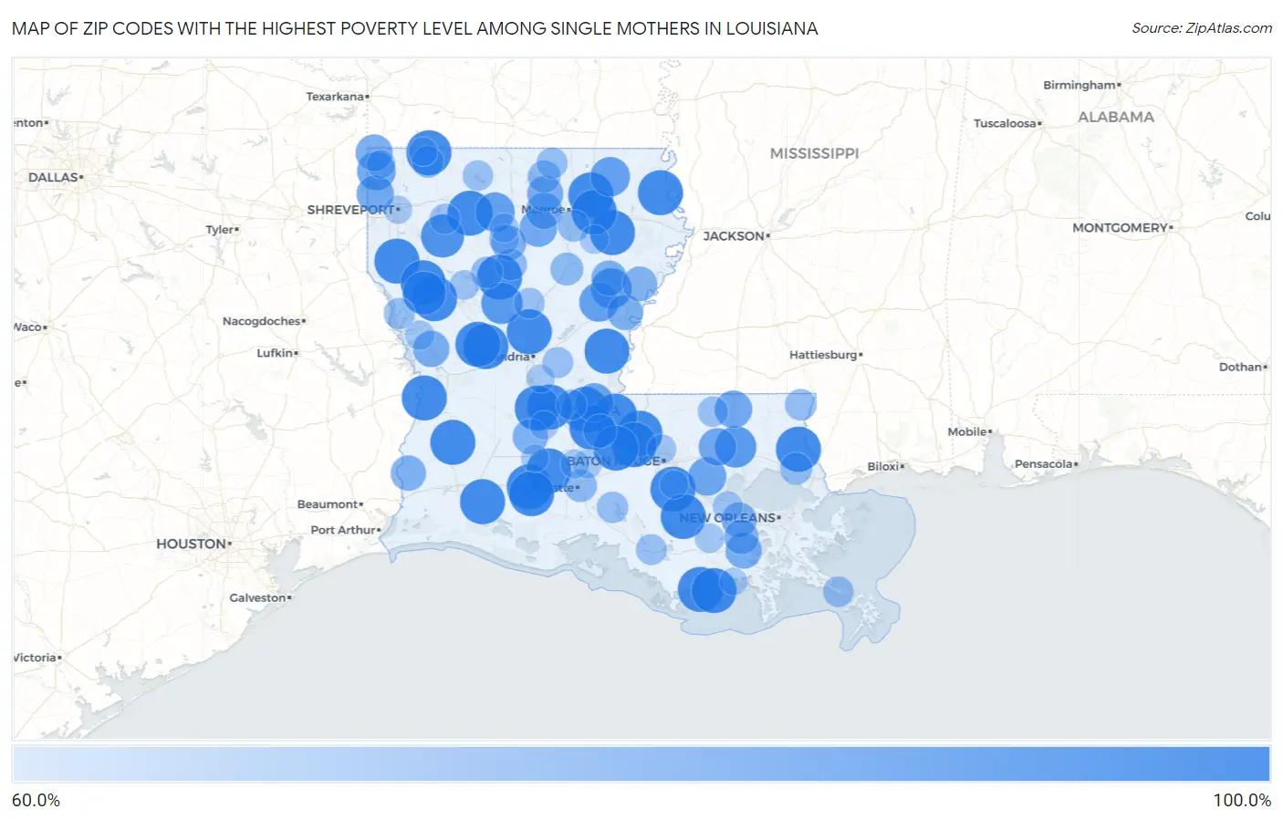 Zip Codes with the Highest Poverty Level Among Single Mothers in Louisiana Map
