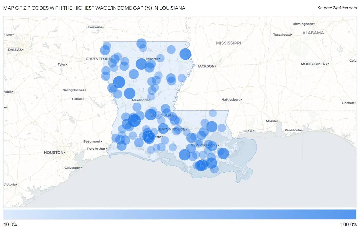 Zip Codes with the Highest Wage/Income Gap (%) in Louisiana Map