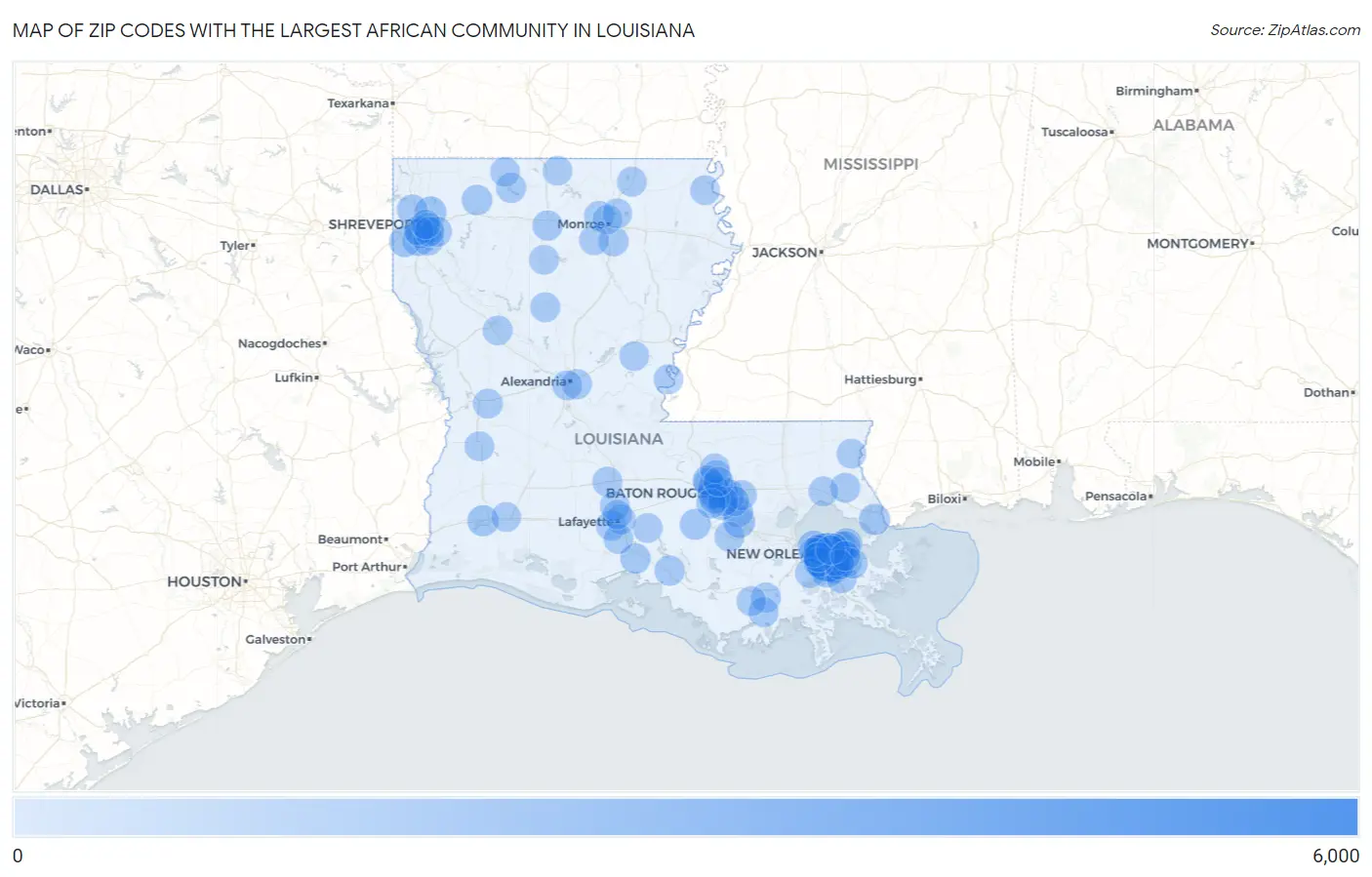 Zip Codes with the Largest African Community in Louisiana Map