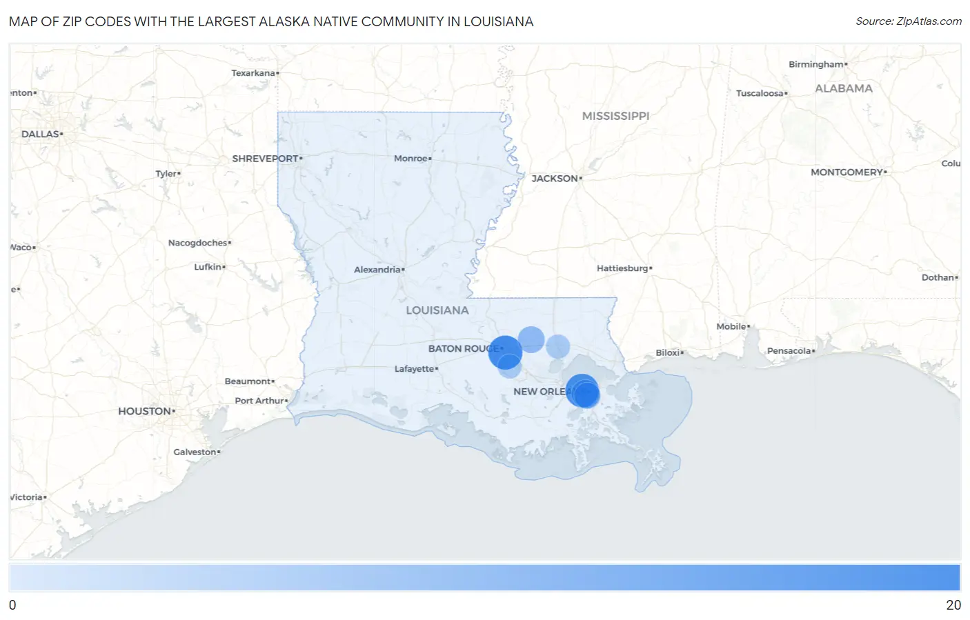 Zip Codes with the Largest Alaska Native Community in Louisiana Map