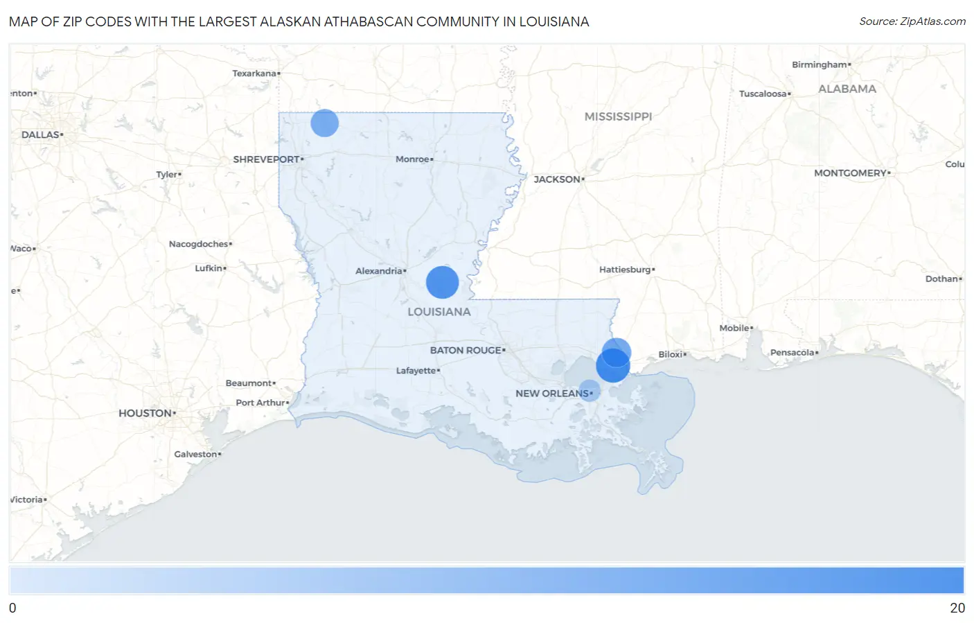 Zip Codes with the Largest Alaskan Athabascan Community in Louisiana Map
