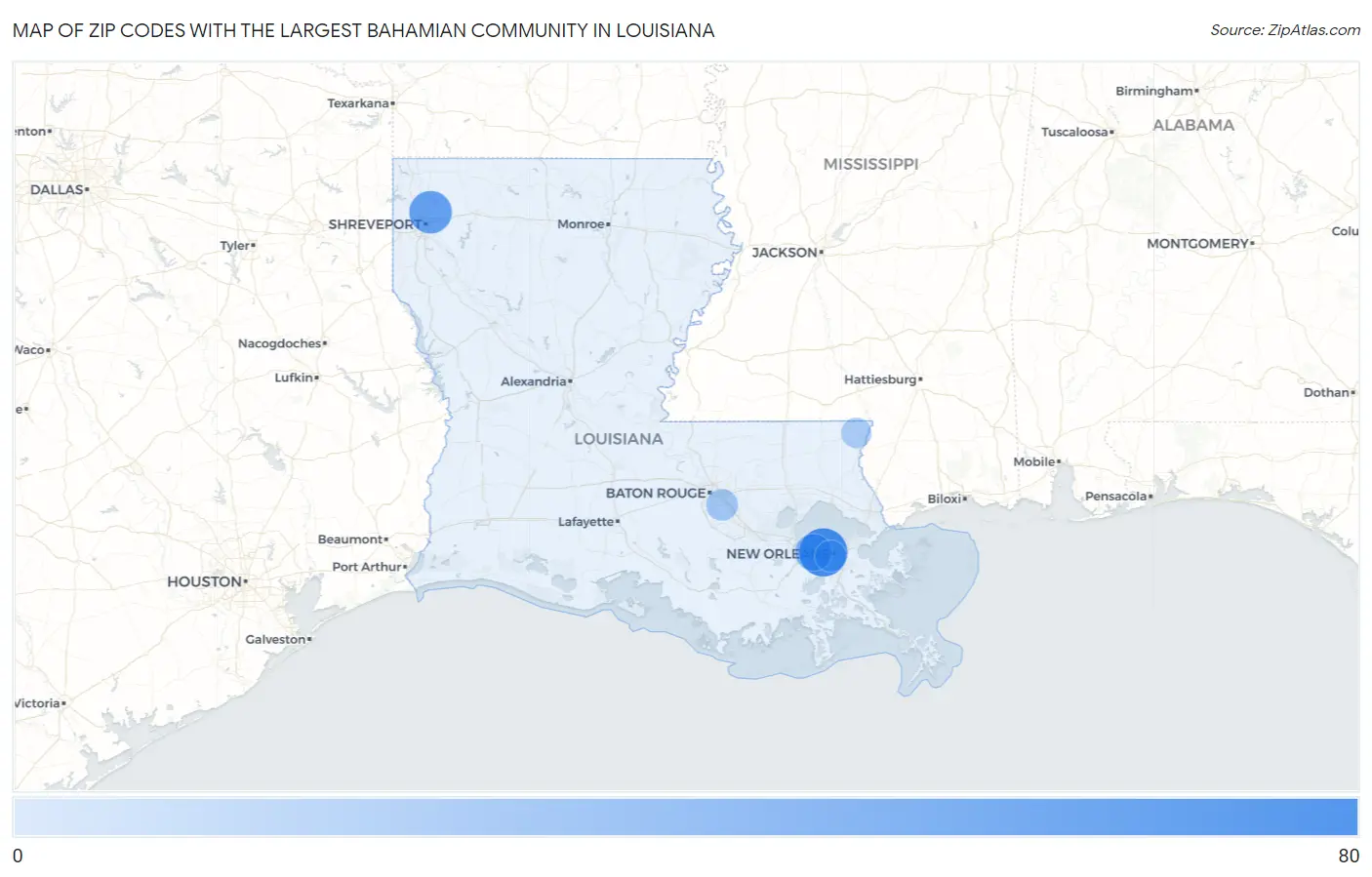 Zip Codes with the Largest Bahamian Community in Louisiana Map