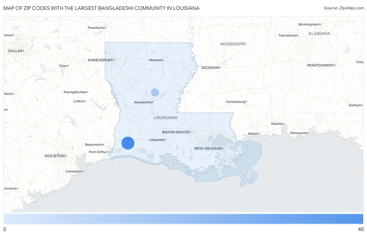 Zip Codes with the Largest Bangladeshi Community in Louisiana Map