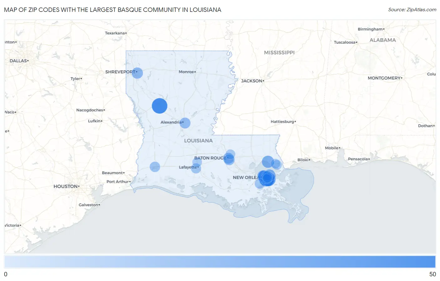Zip Codes with the Largest Basque Community in Louisiana Map