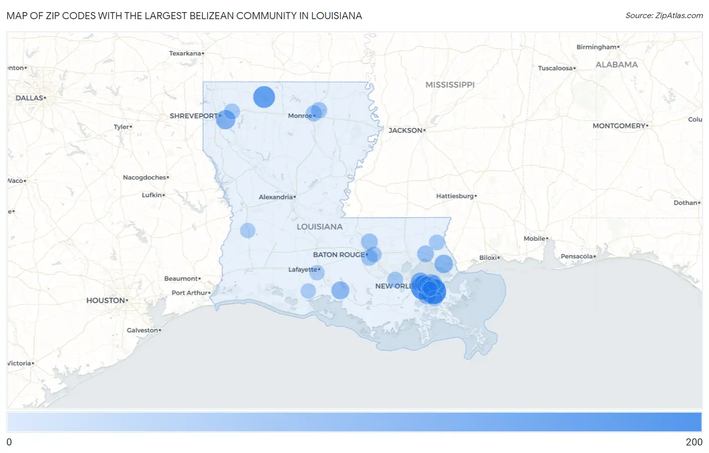 Zip Codes with the Largest Belizean Community in Louisiana Map