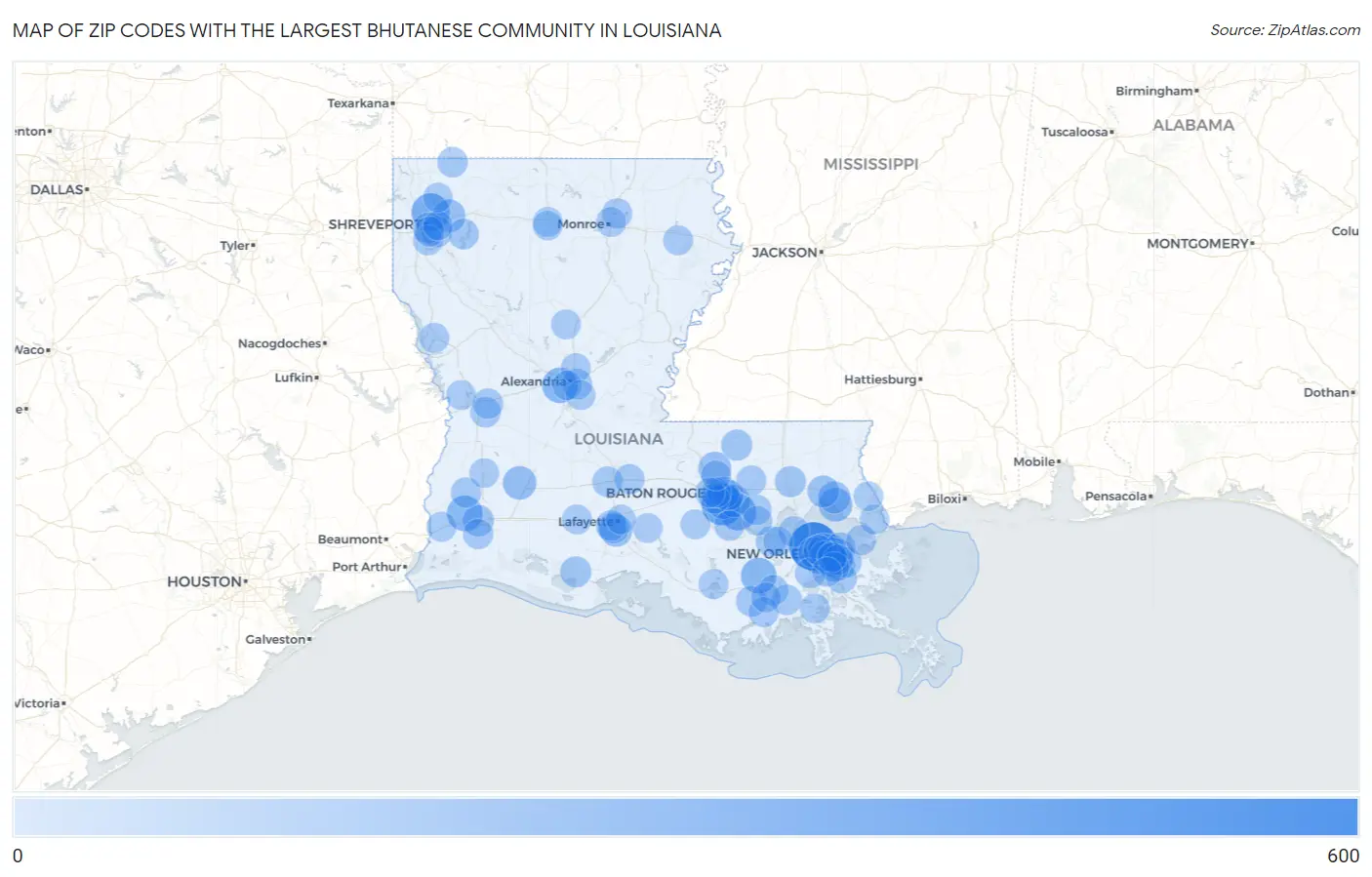 Zip Codes with the Largest Bhutanese Community in Louisiana Map