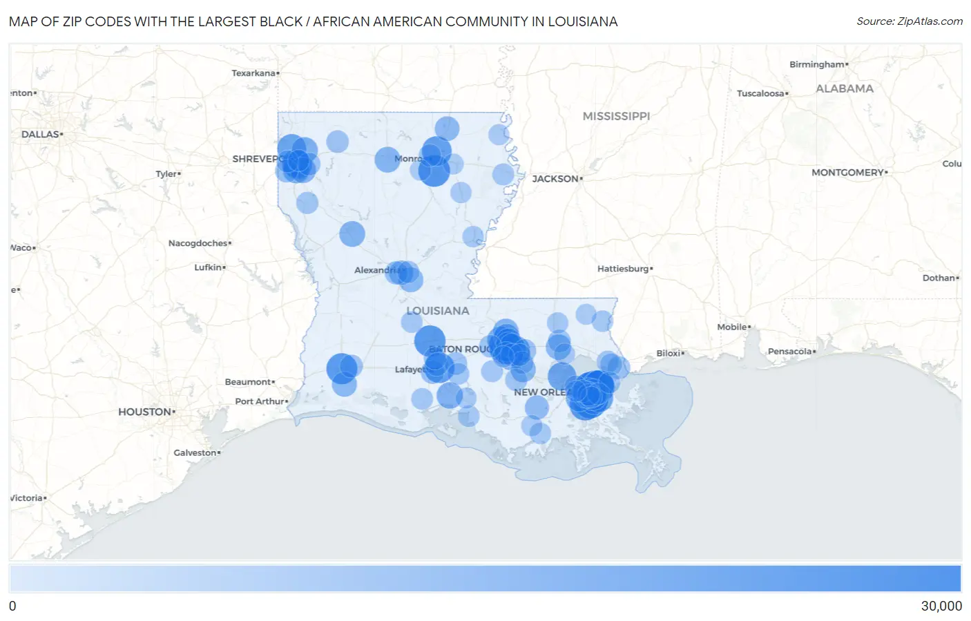 Zip Codes with the Largest Black / African American Community in Louisiana Map