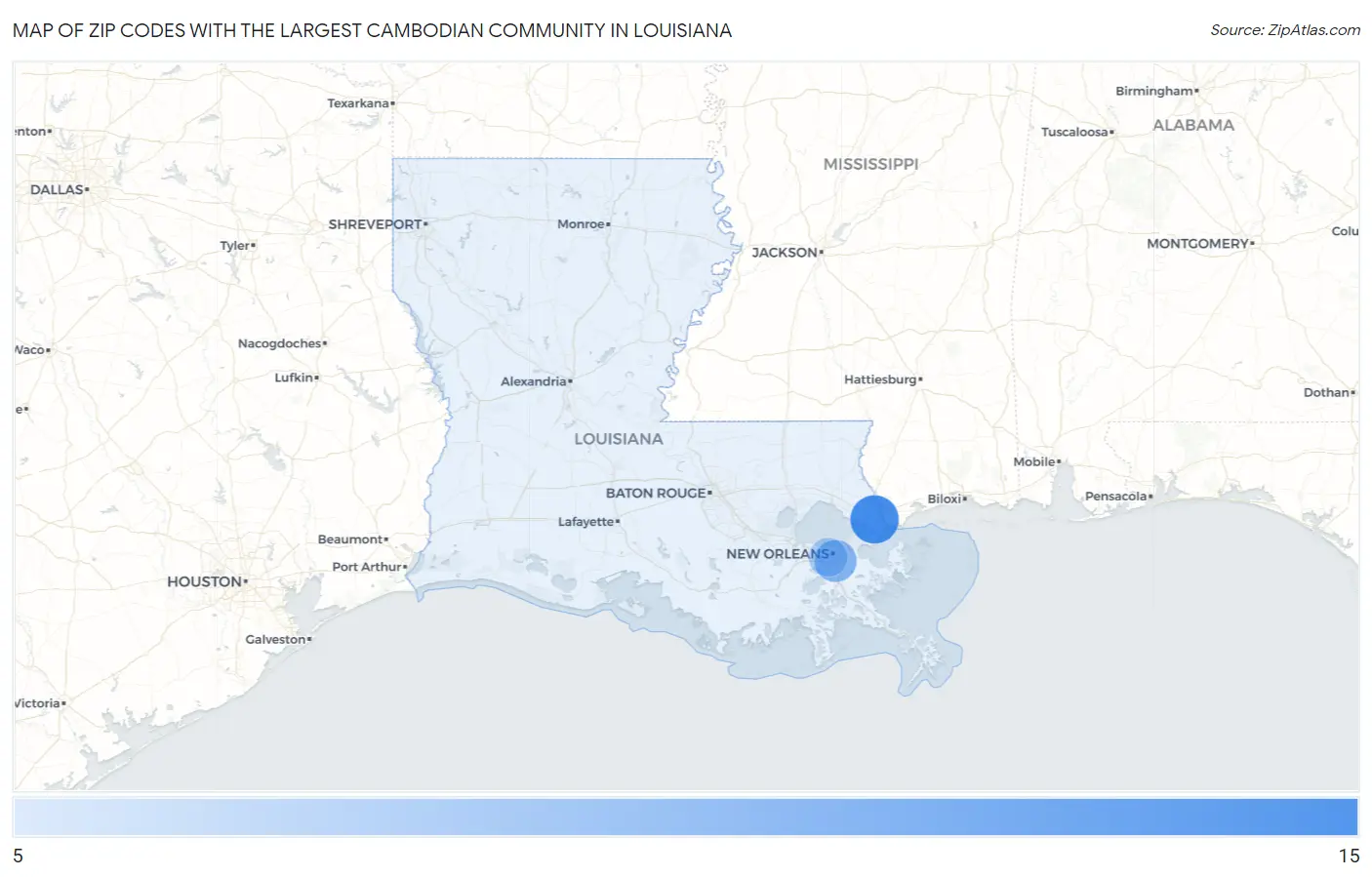Zip Codes with the Largest Cambodian Community in Louisiana Map