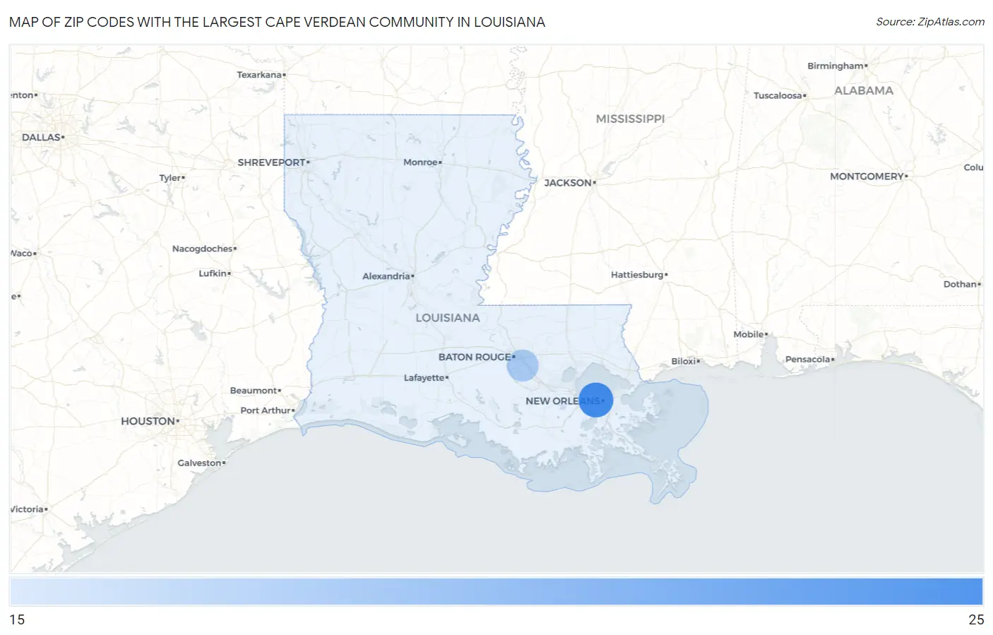 Zip Codes with the Largest Cape Verdean Community in Louisiana Map