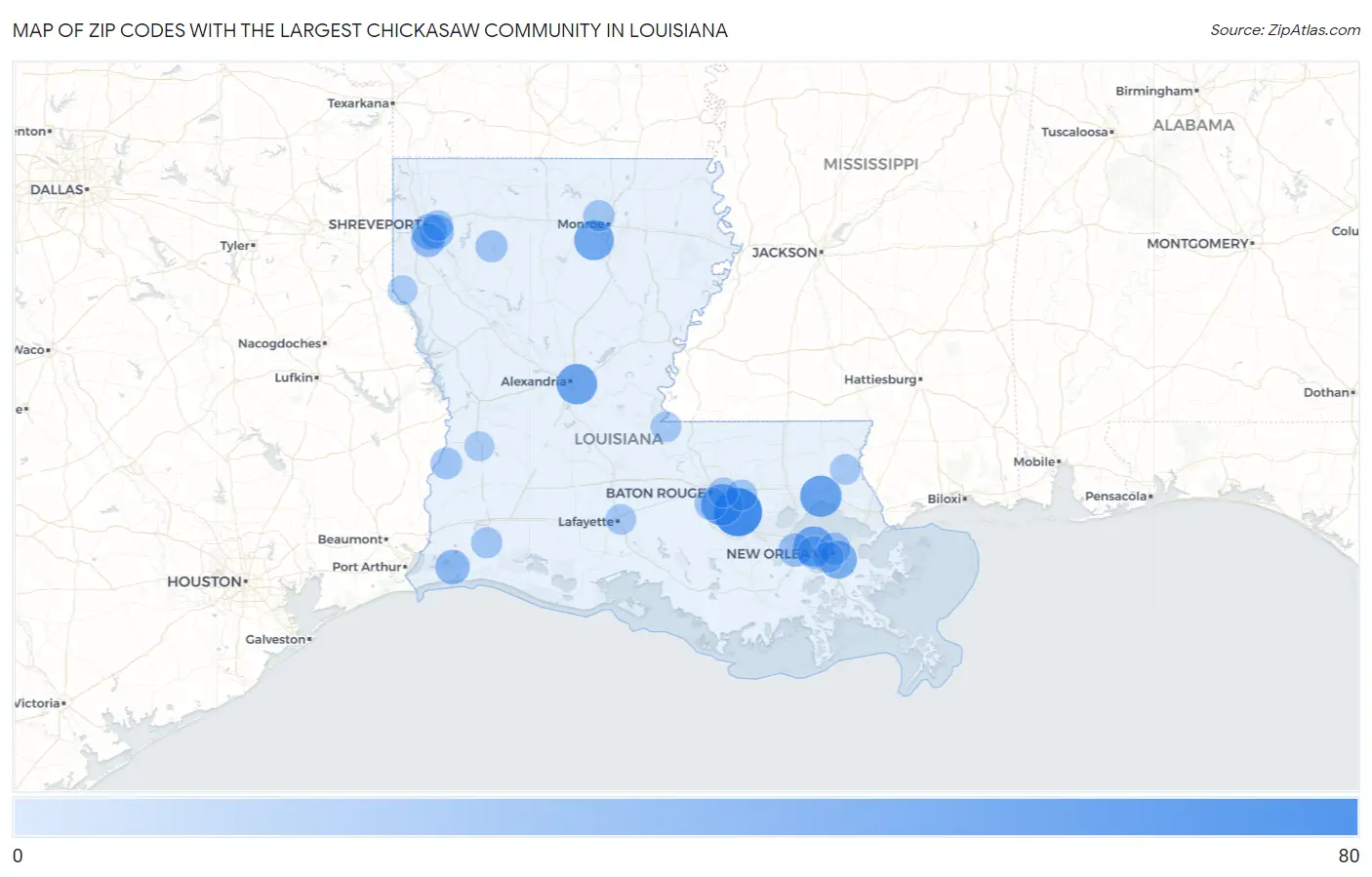 Zip Codes with the Largest Chickasaw Community in Louisiana Map
