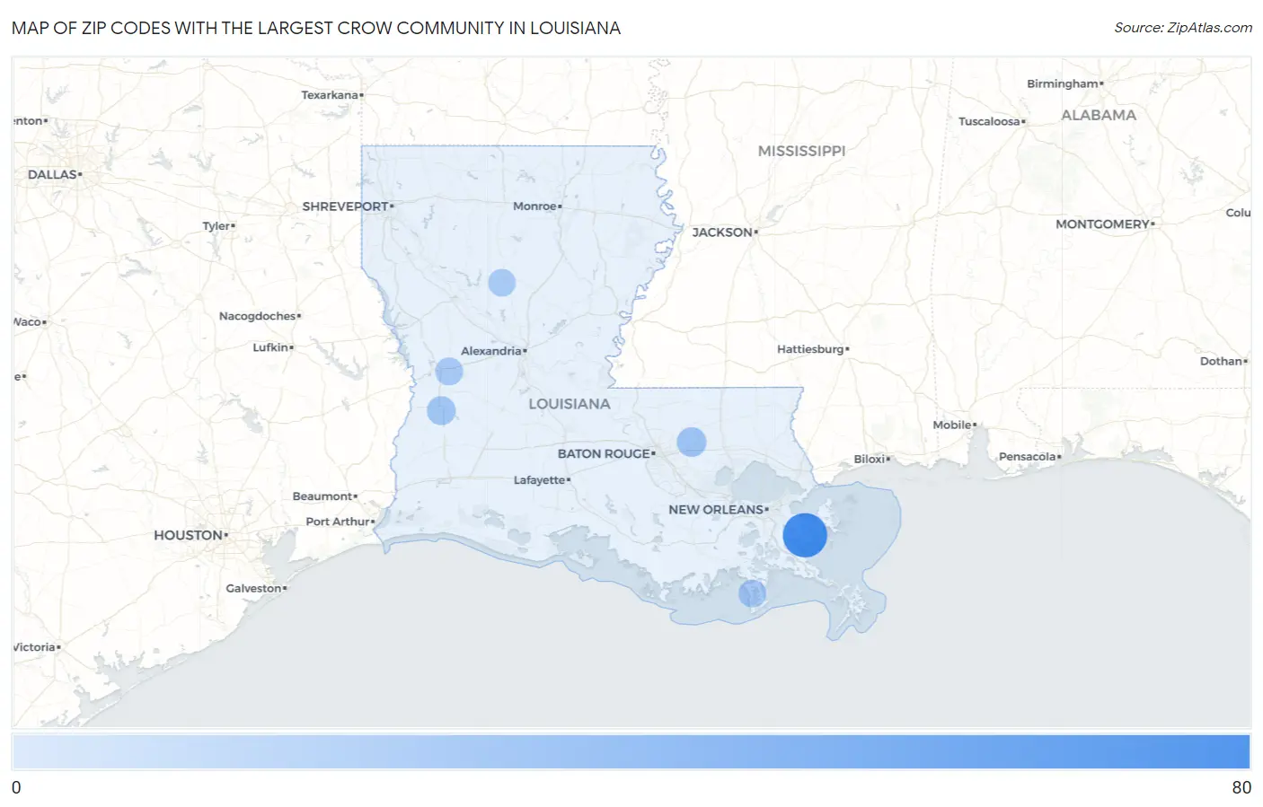 Zip Codes with the Largest Crow Community in Louisiana Map