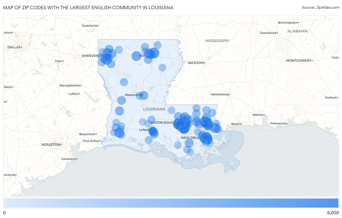 Zip Codes with the Largest English Community in Louisiana Map