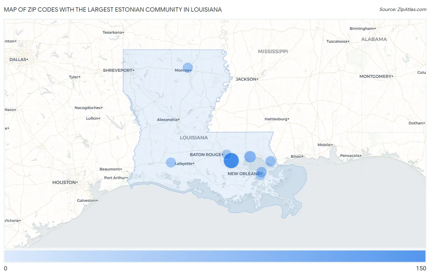 Zip Codes with the Largest Estonian Community in Louisiana Map