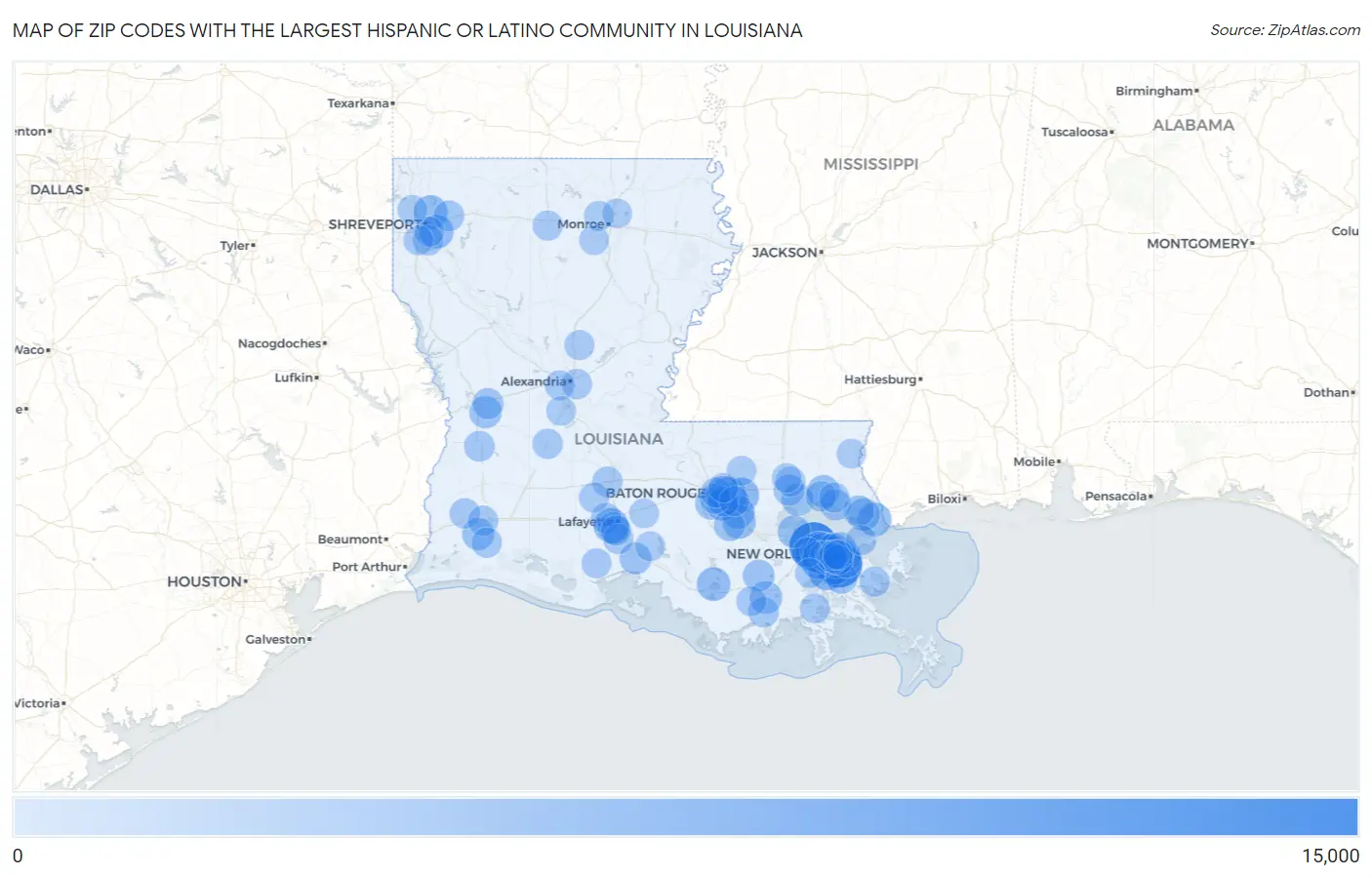 Zip Codes with the Largest Hispanic or Latino Community in Louisiana Map