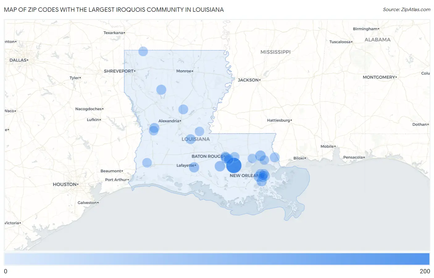 Zip Codes with the Largest Iroquois Community in Louisiana Map
