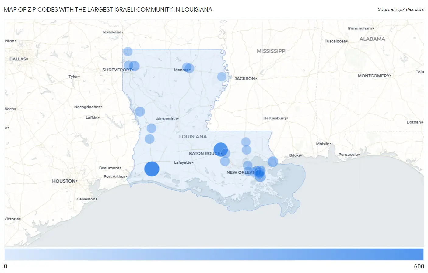Zip Codes with the Largest Israeli Community in Louisiana Map