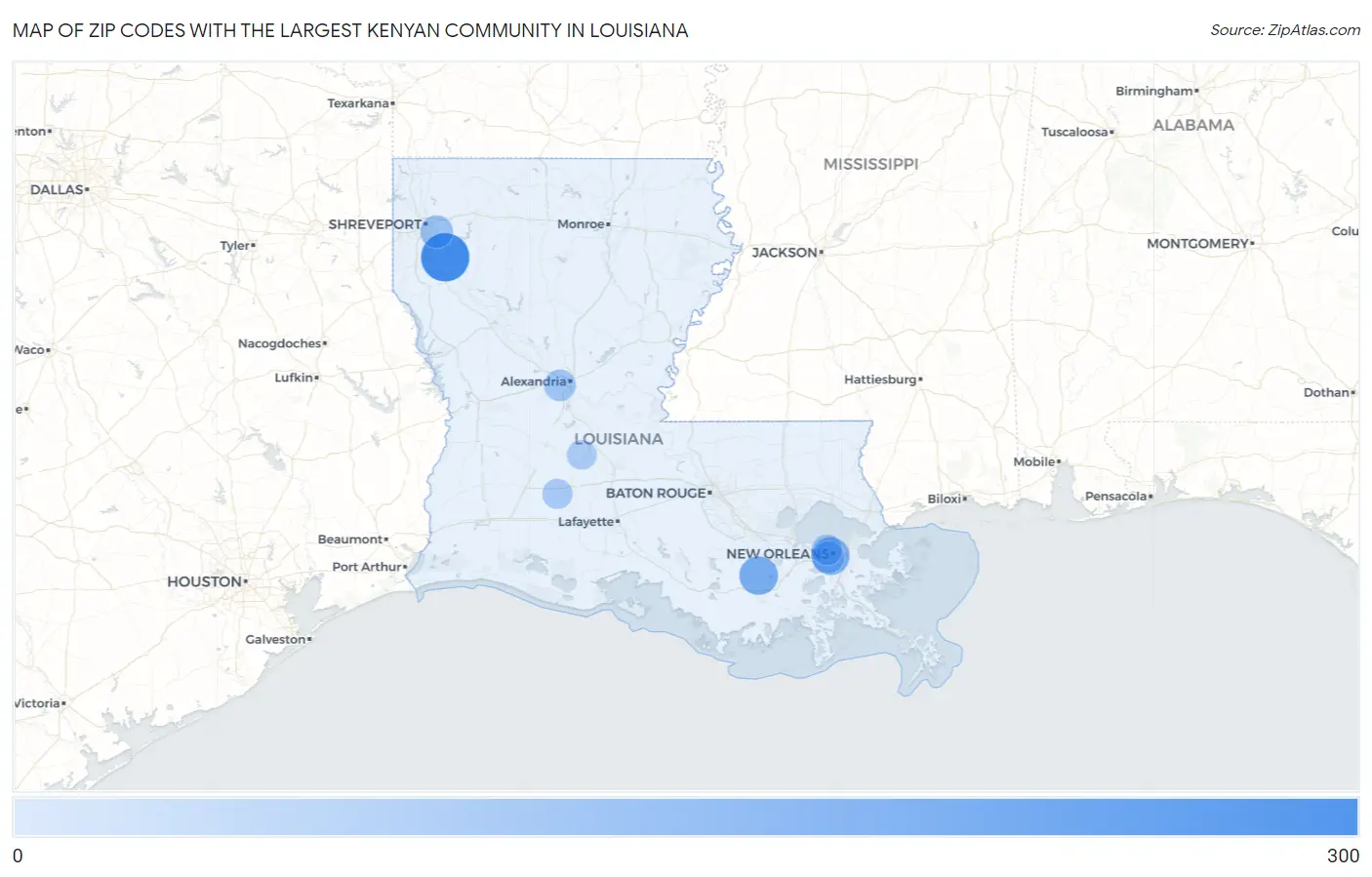 Zip Codes with the Largest Kenyan Community in Louisiana Map