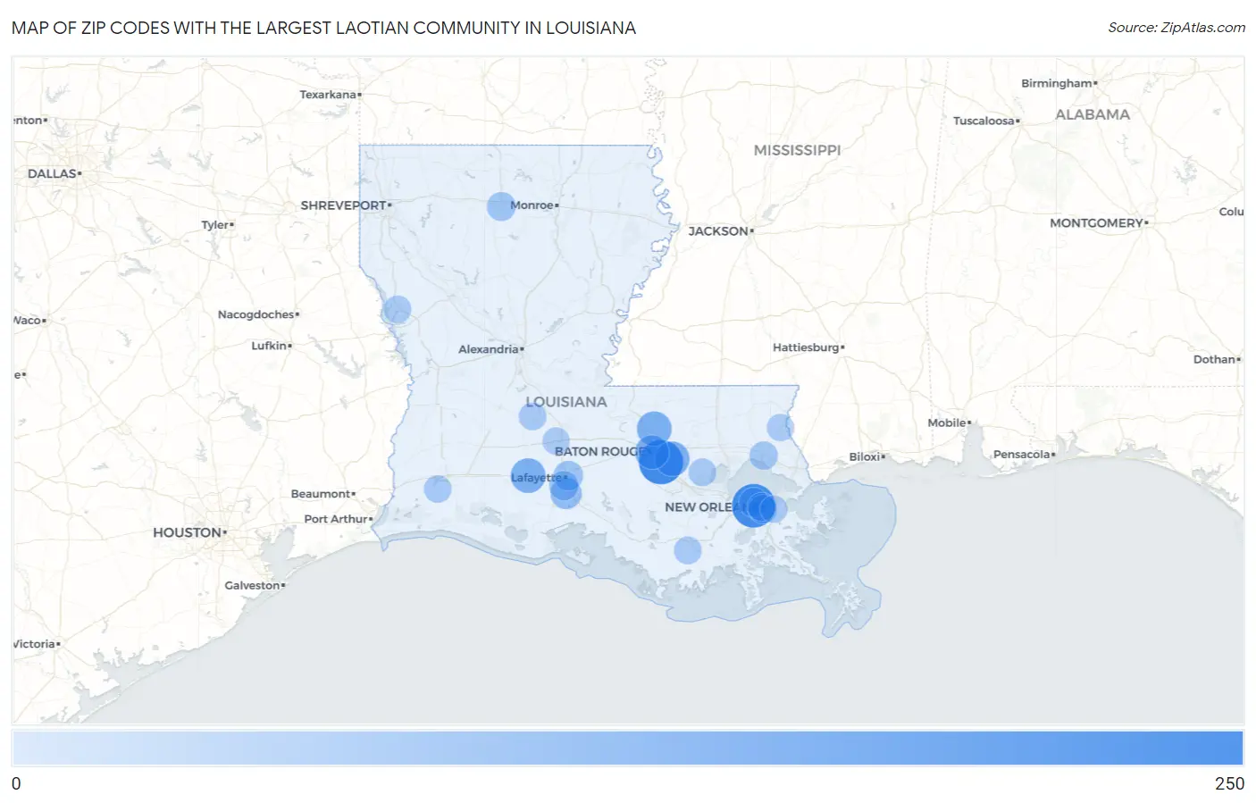 Zip Codes with the Largest Laotian Community in Louisiana Map
