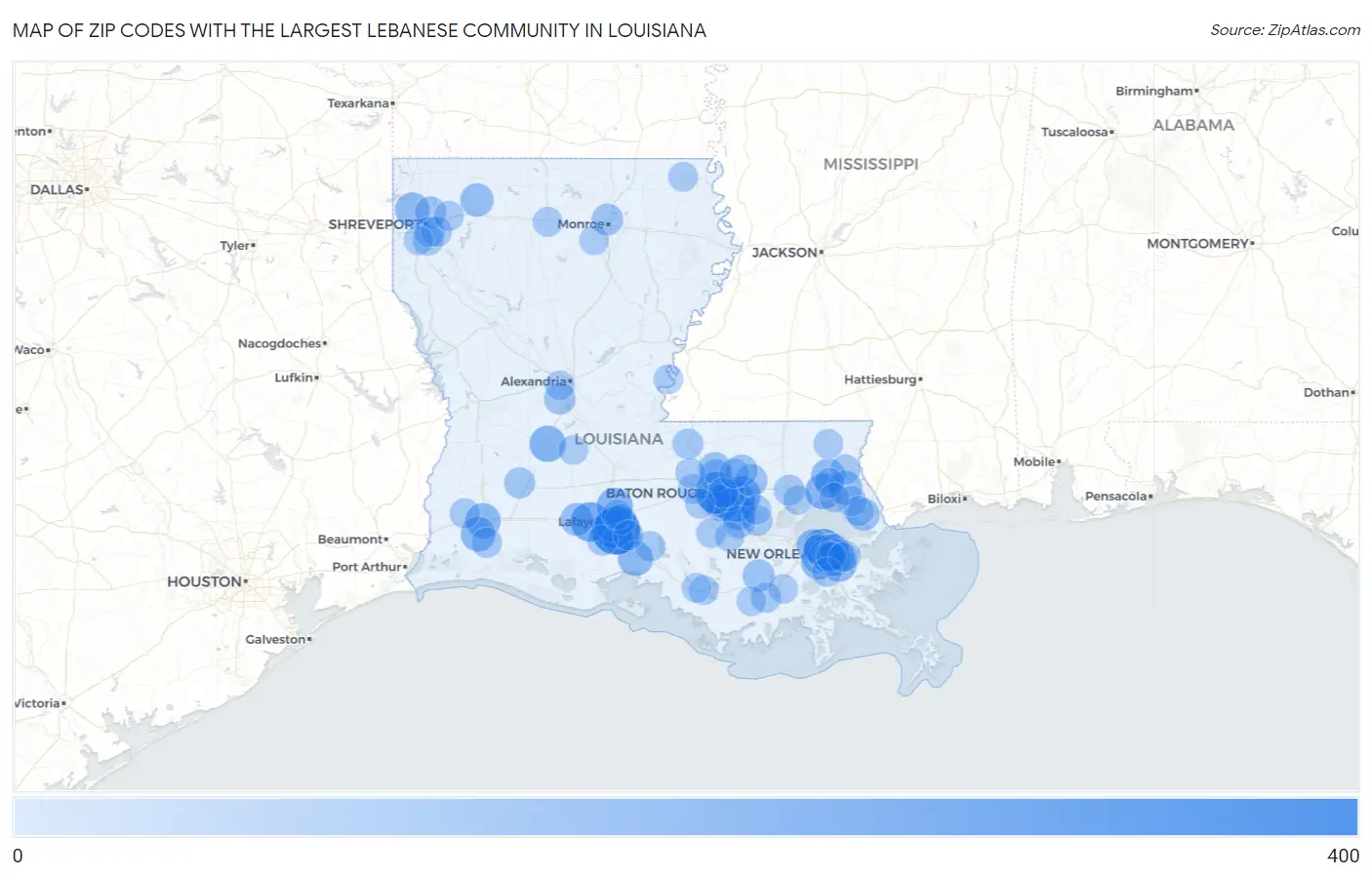 Zip Codes with the Largest Lebanese Community in Louisiana Map