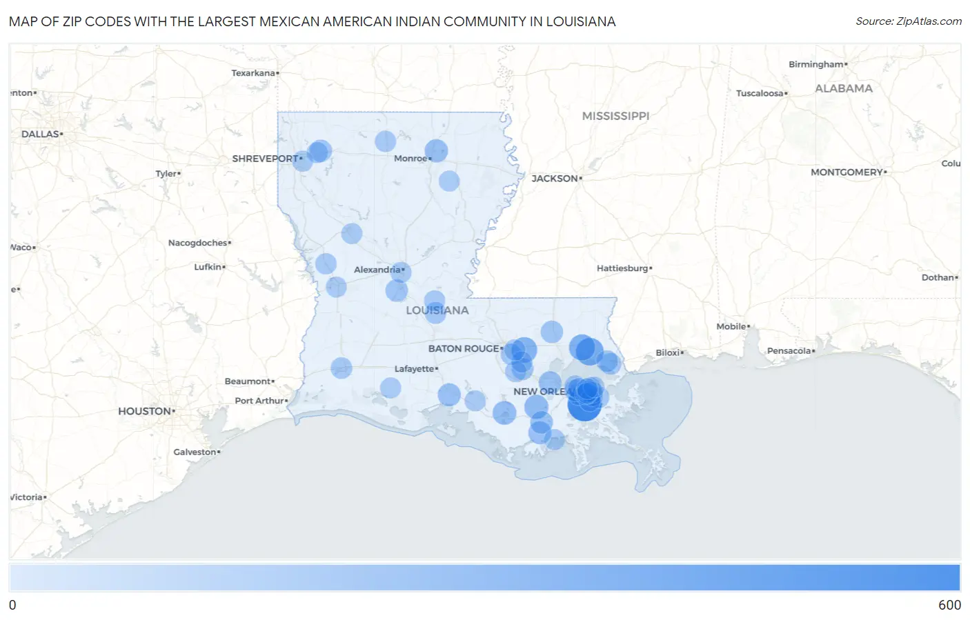 Zip Codes with the Largest Mexican American Indian Community in Louisiana Map