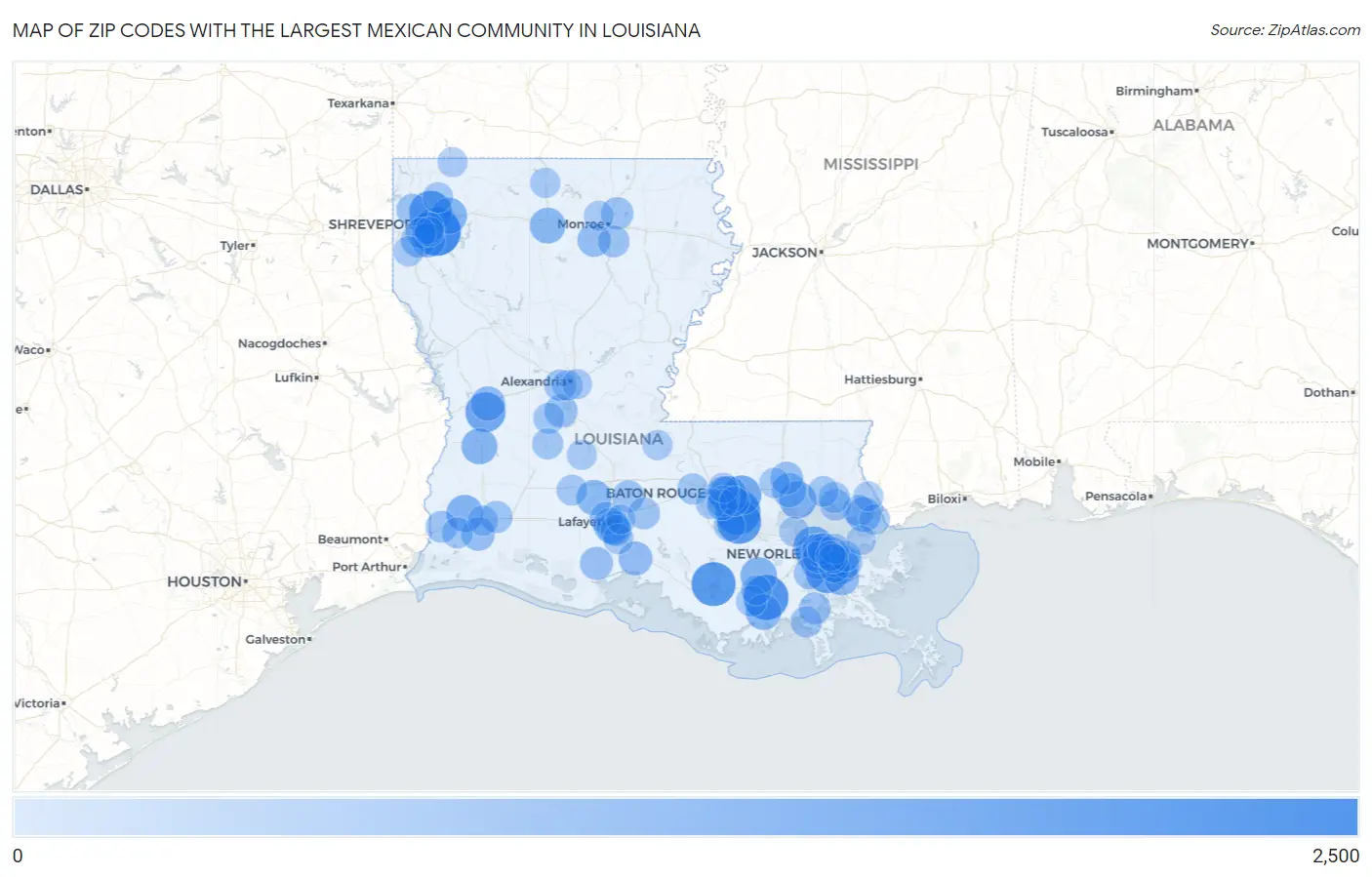 Zip Codes with the Largest Mexican Community in Louisiana Map