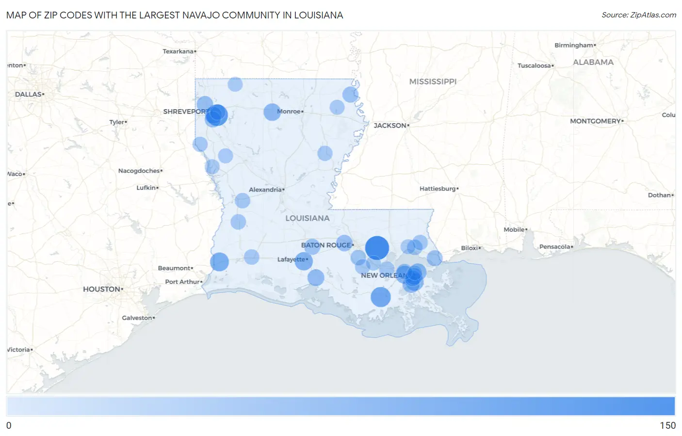 Zip Codes with the Largest Navajo Community in Louisiana Map