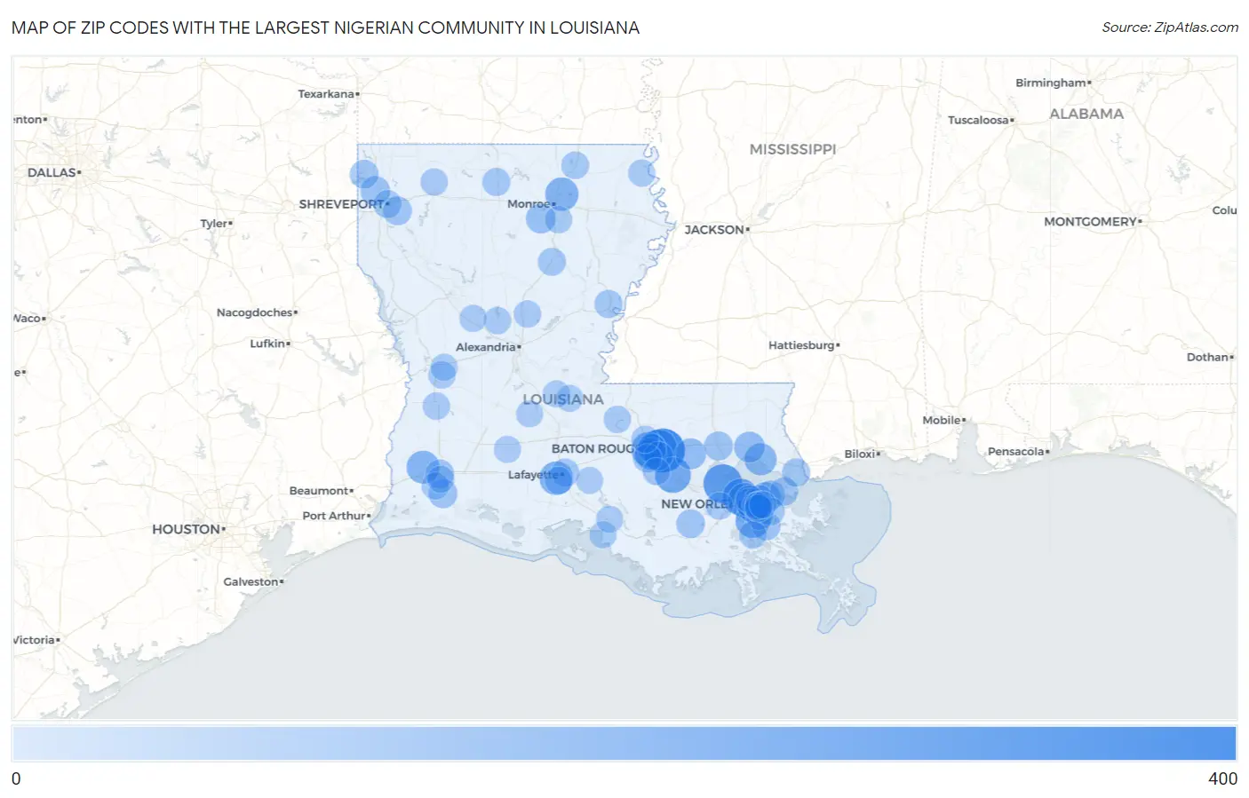 Zip Codes with the Largest Nigerian Community in Louisiana Map