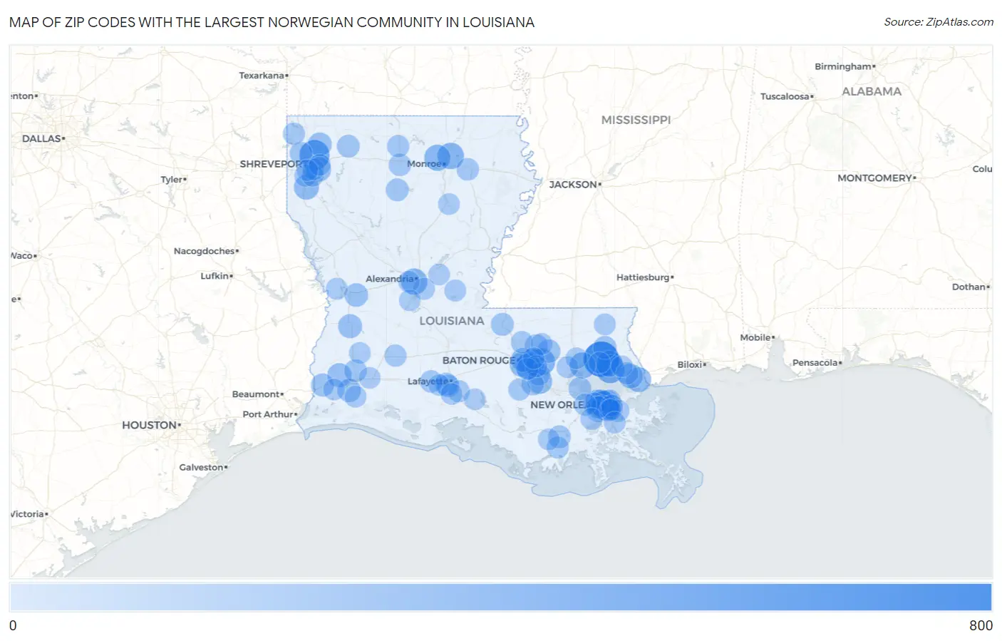 Zip Codes with the Largest Norwegian Community in Louisiana Map