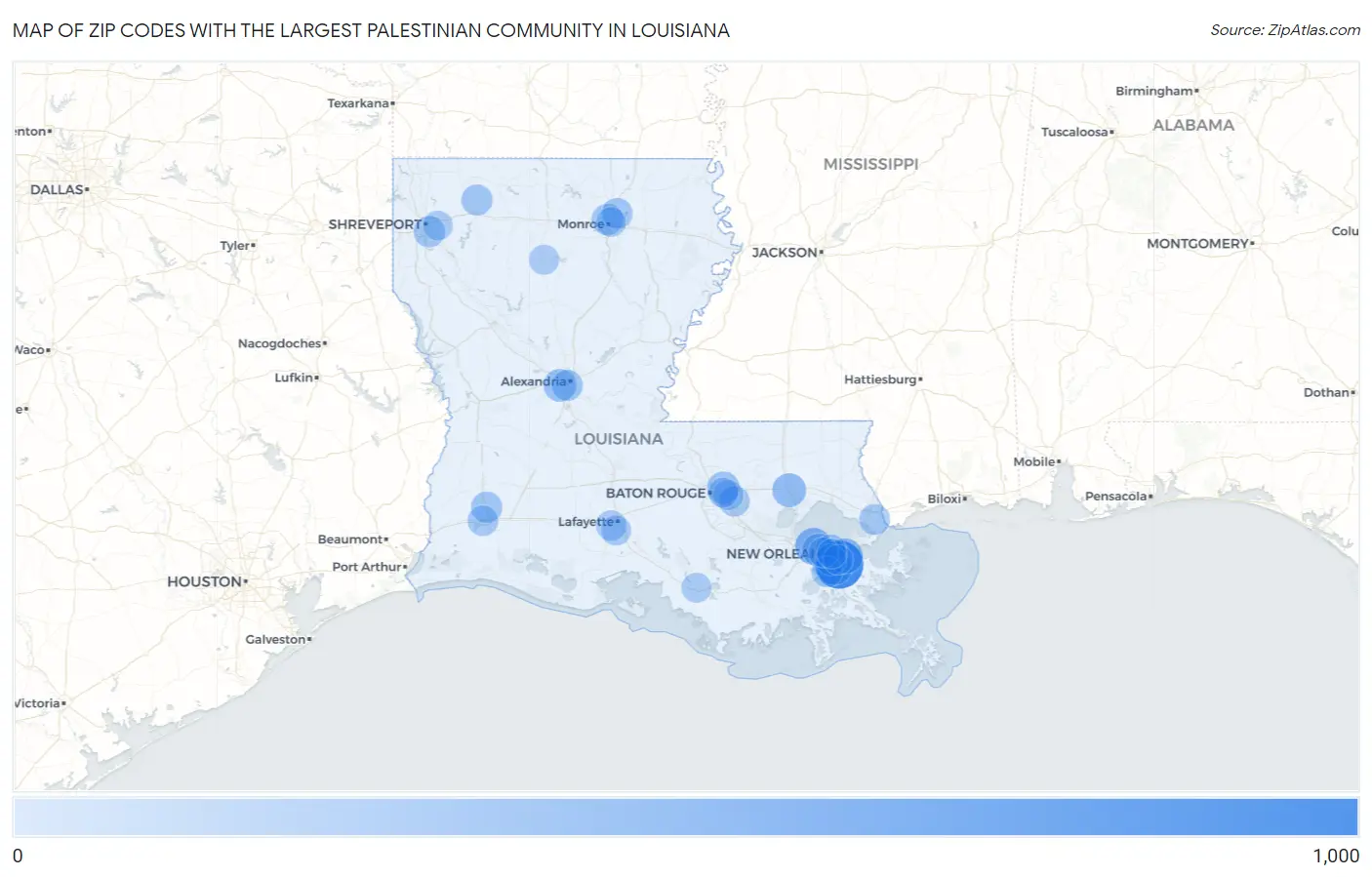 Zip Codes with the Largest Palestinian Community in Louisiana Map