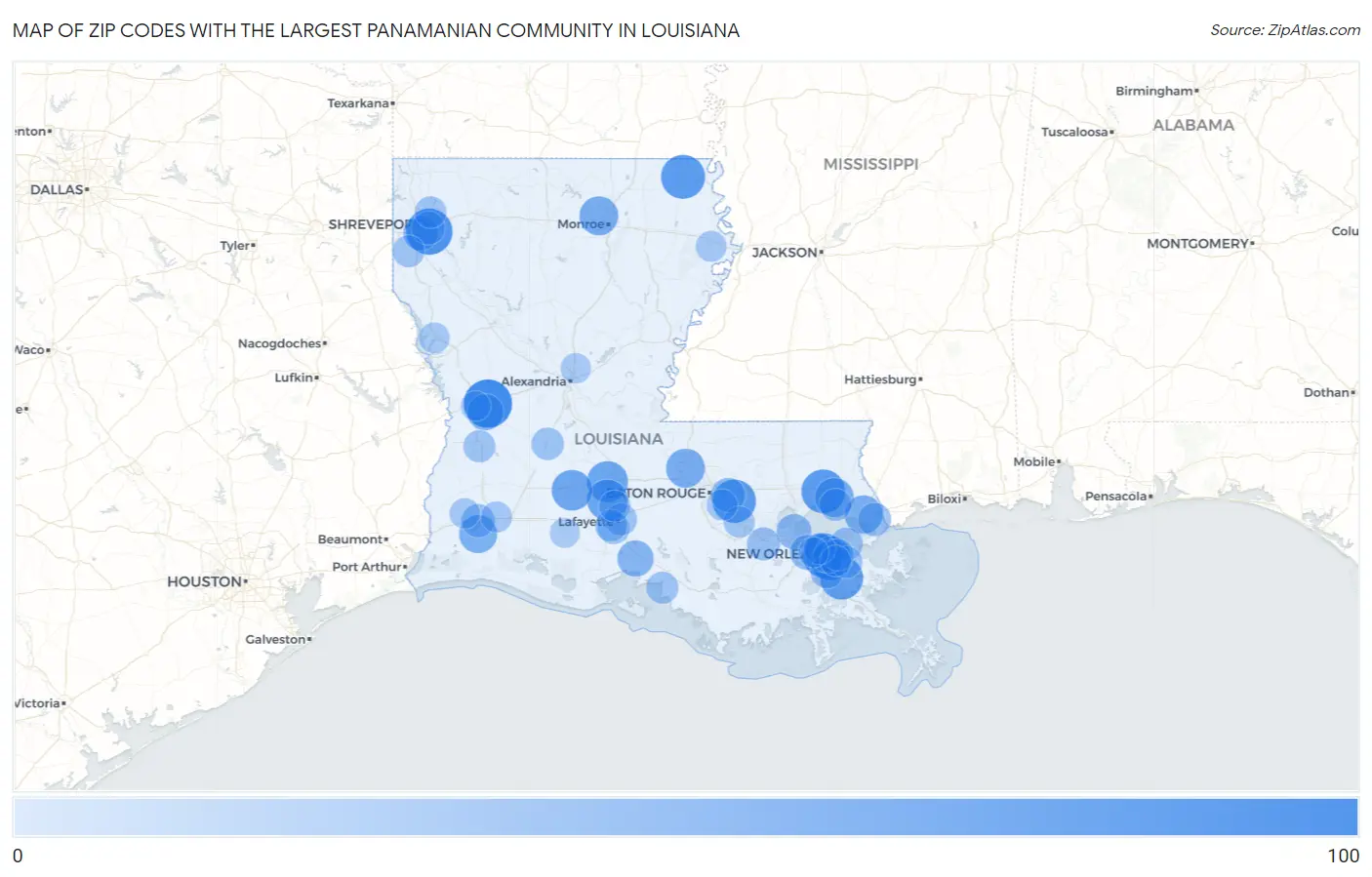 Zip Codes with the Largest Panamanian Community in Louisiana Map