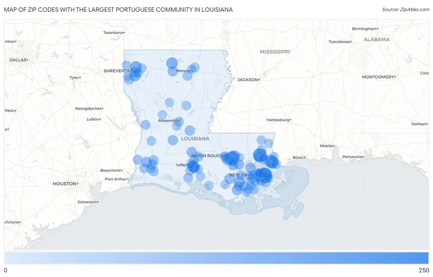 Zip Codes with the Largest Portuguese Community in Louisiana Map