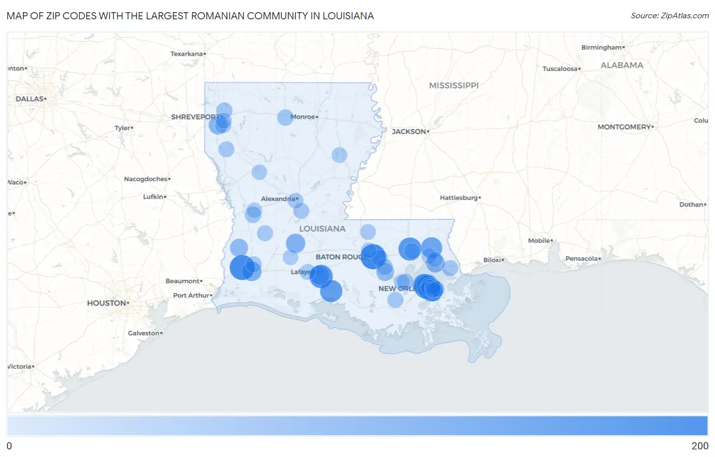 Zip Codes with the Largest Romanian Community in Louisiana Map