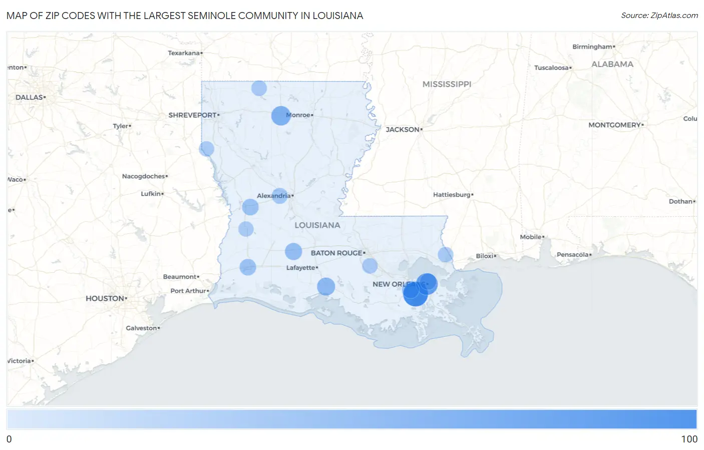 Zip Codes with the Largest Seminole Community in Louisiana Map