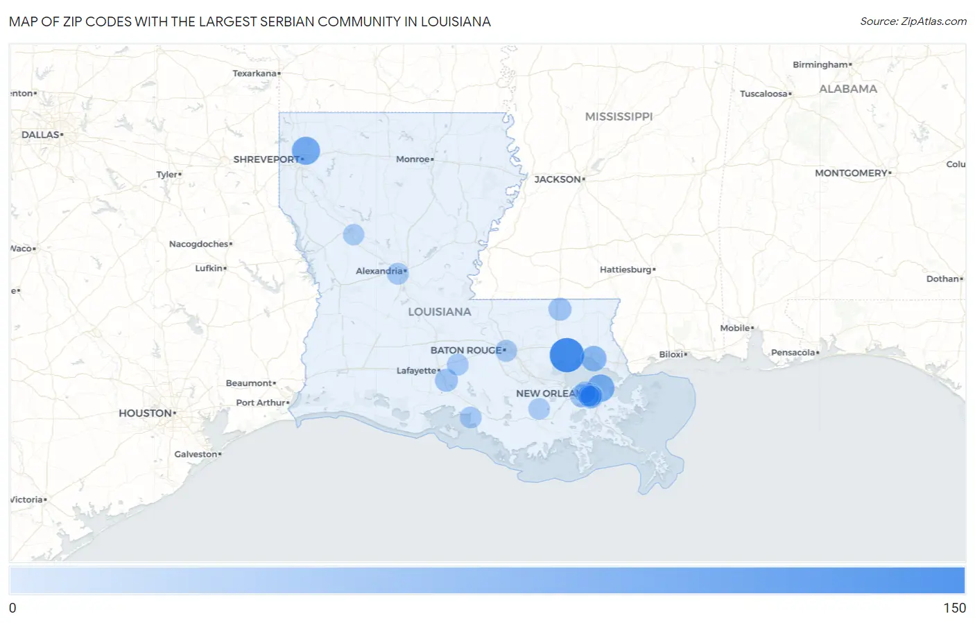 Zip Codes with the Largest Serbian Community in Louisiana Map