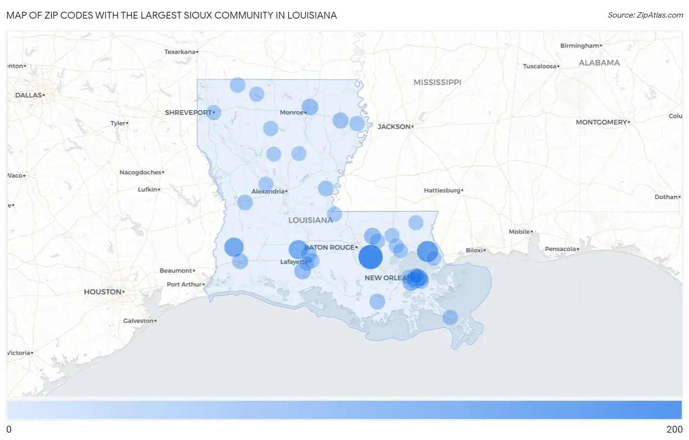 Zip Codes with the Largest Sioux Community in Louisiana Map