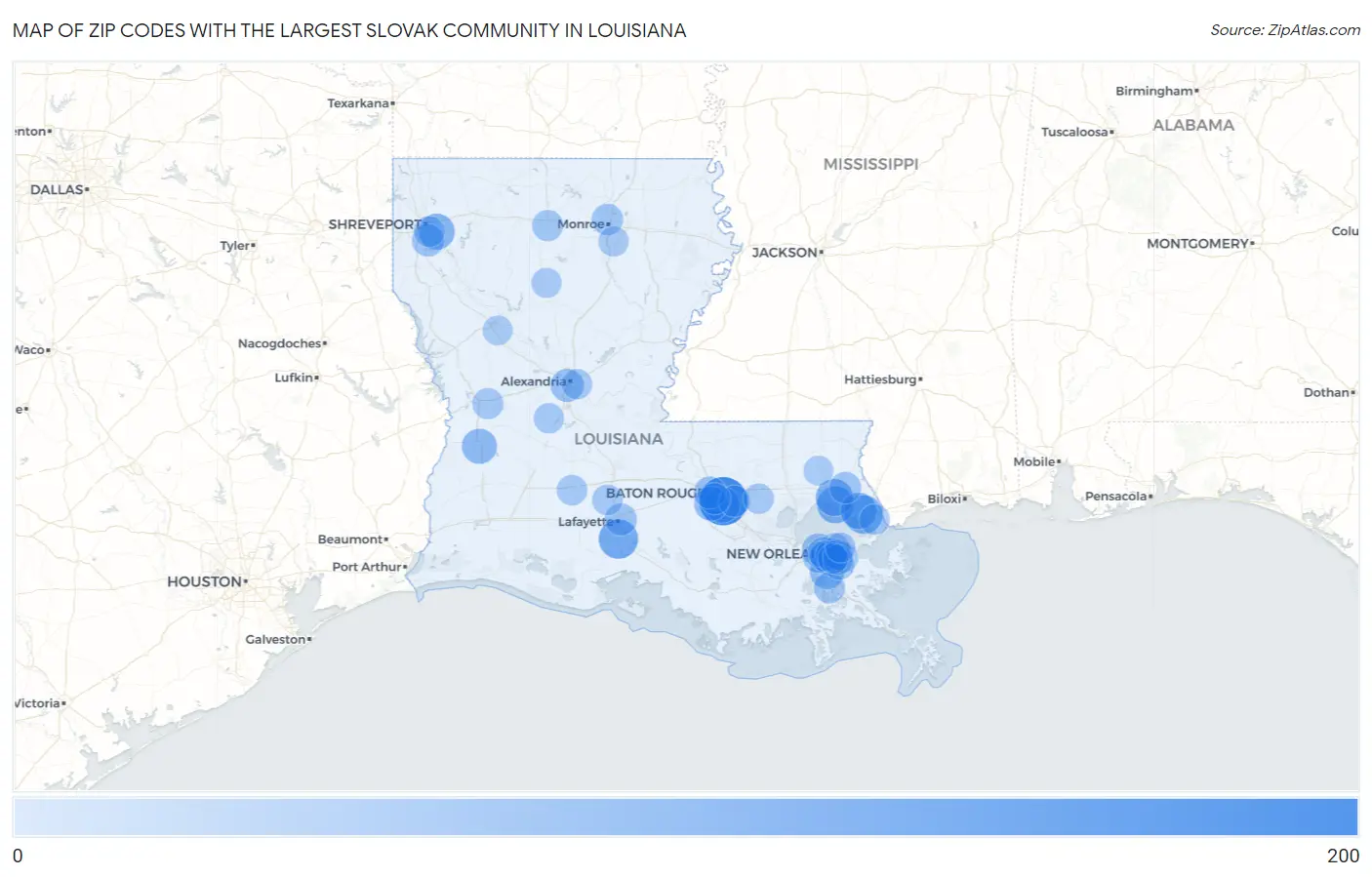 Zip Codes with the Largest Slovak Community in Louisiana Map