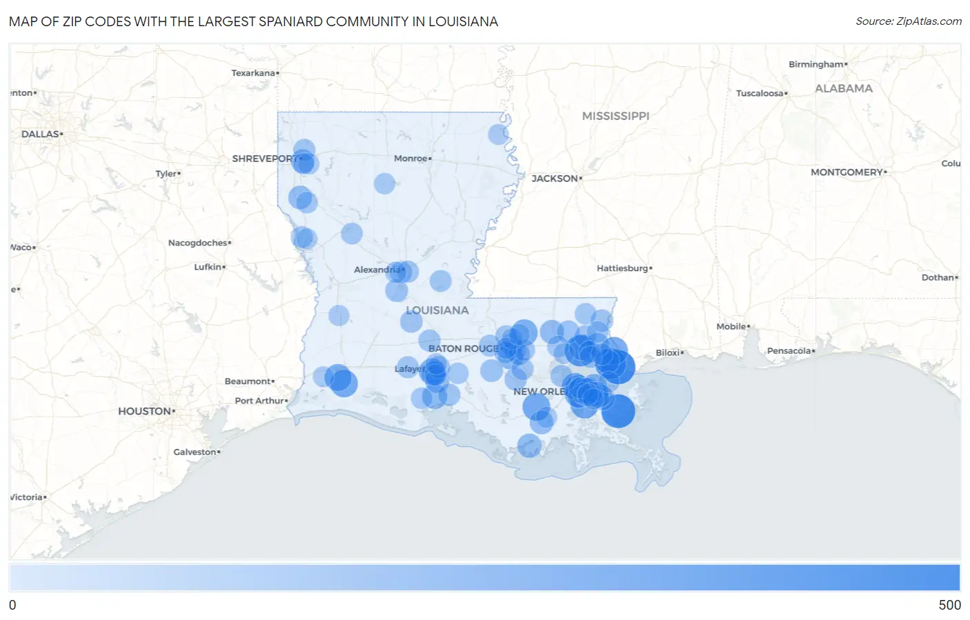 Zip Codes with the Largest Spaniard Community in Louisiana Map