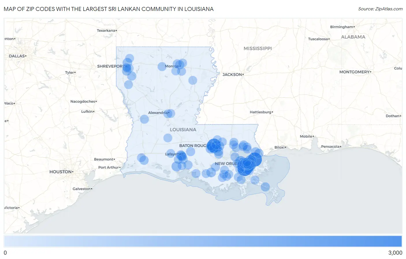 Zip Codes with the Largest Sri Lankan Community in Louisiana Map