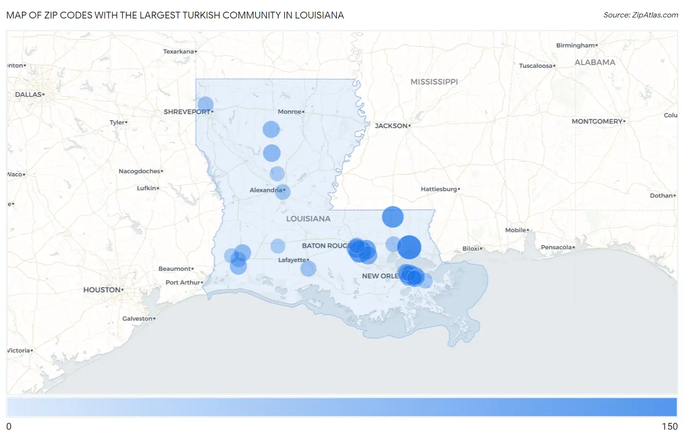 Zip Codes with the Largest Turkish Community in Louisiana Map