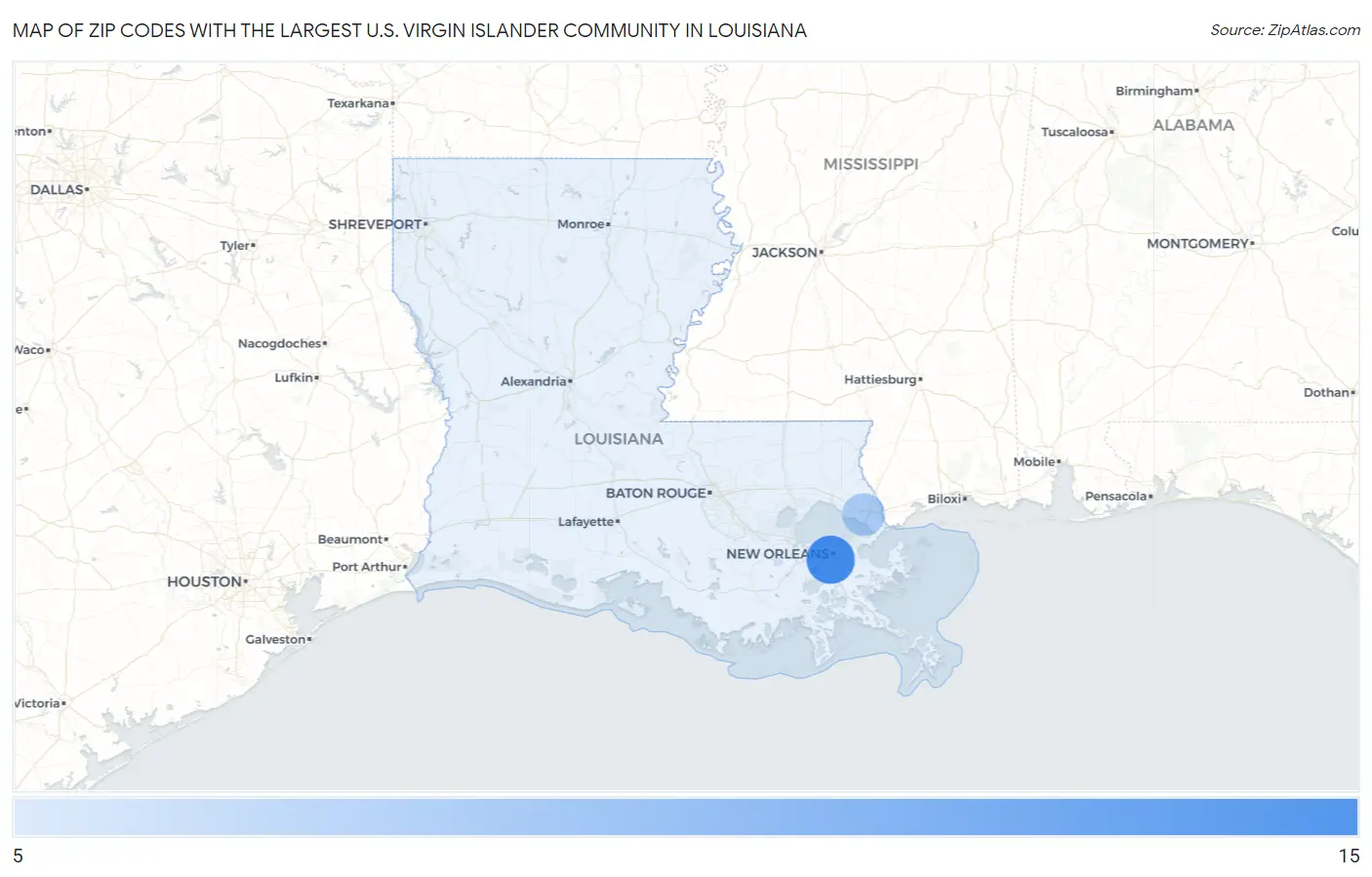Zip Codes with the Largest U.S. Virgin Islander Community in Louisiana Map