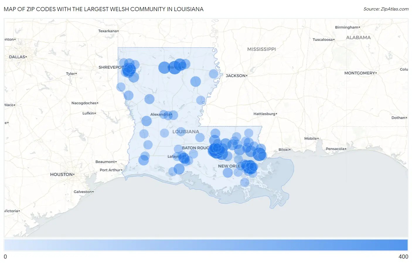 Zip Codes with the Largest Welsh Community in Louisiana Map