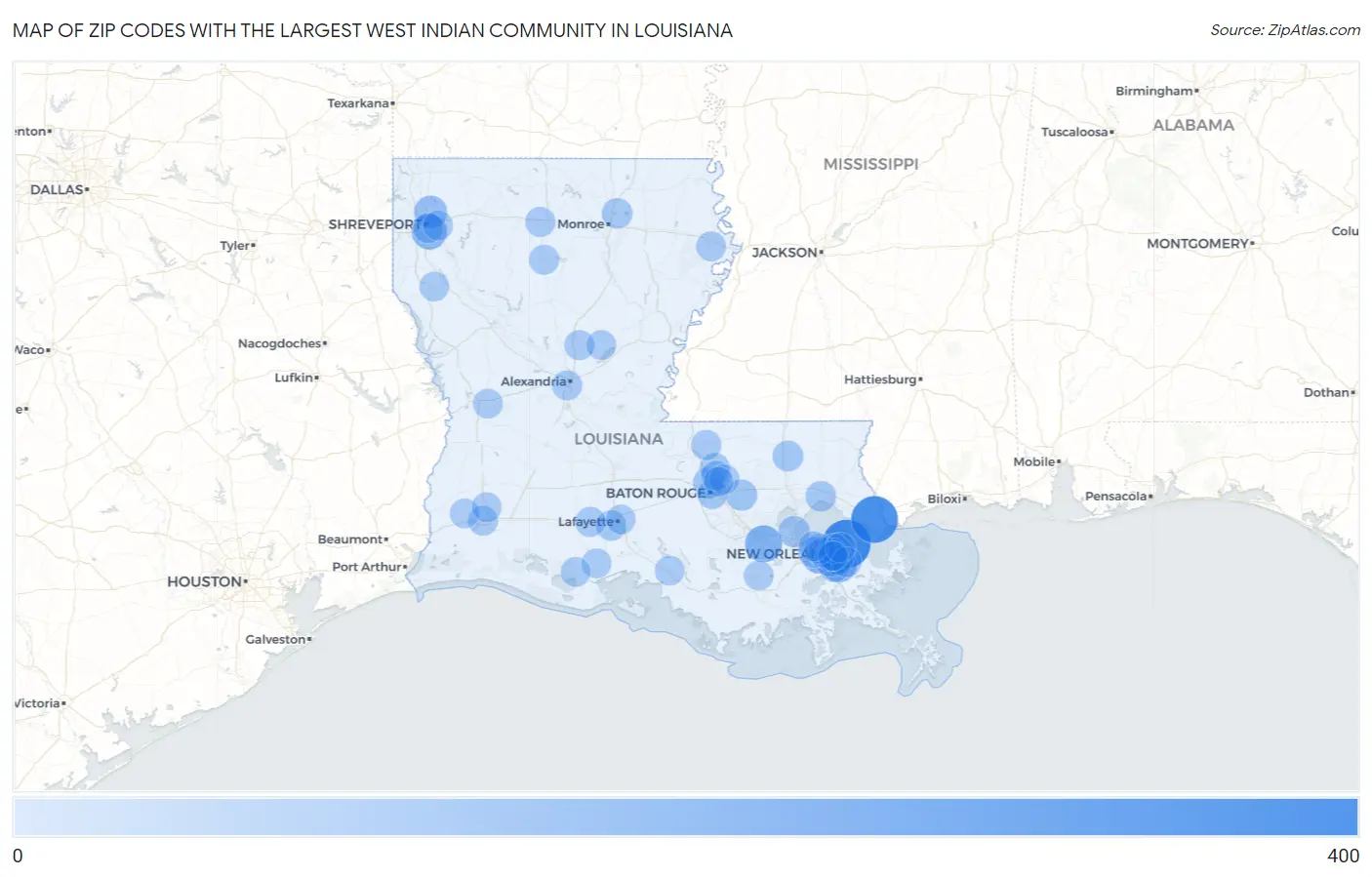 Zip Codes with the Largest West Indian Community in Louisiana Map