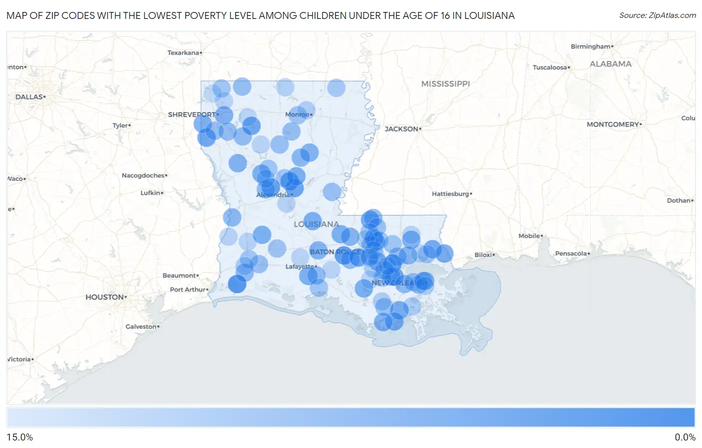 Zip Codes with the Lowest Poverty Level Among Children Under the Age of 16 in Louisiana Map