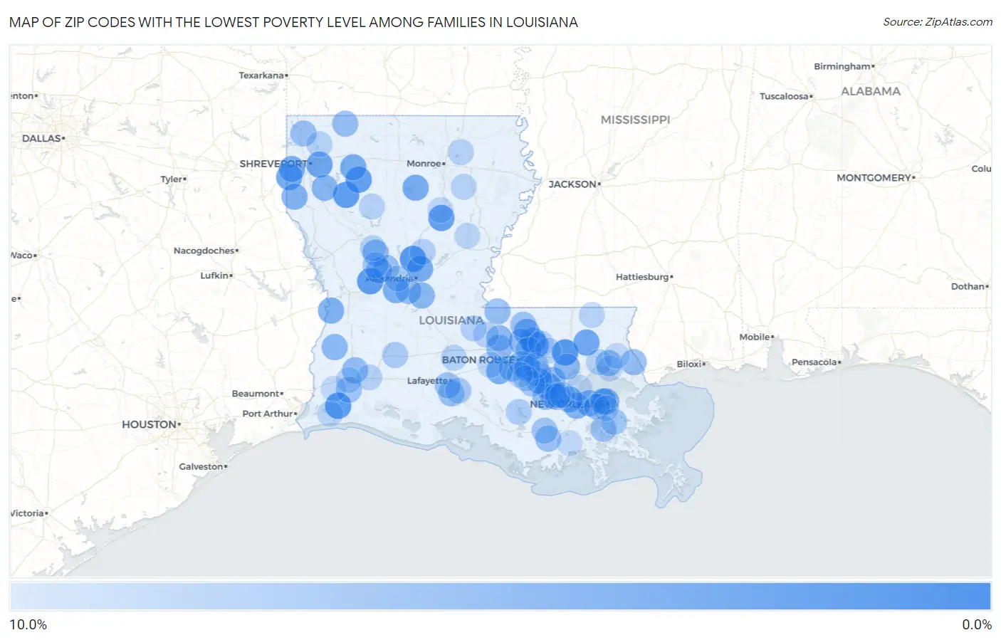Zip Codes with the Lowest Poverty Level Among Families in Louisiana Map