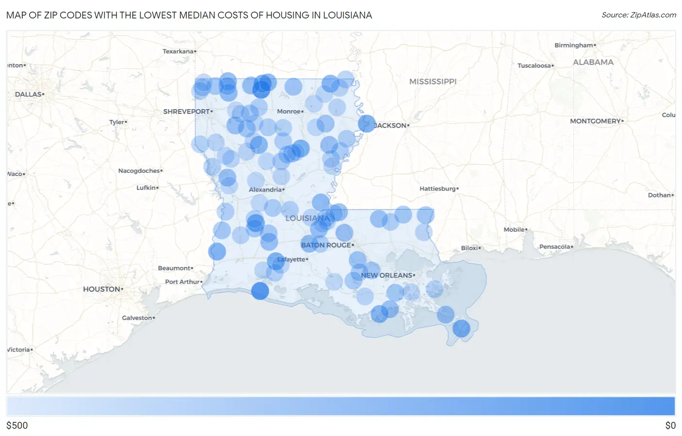Zip Codes with the Lowest Median Costs of Housing in Louisiana Map